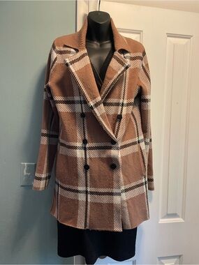 Max Studio Brown and White Plaid Double-Breasted Pea Coat